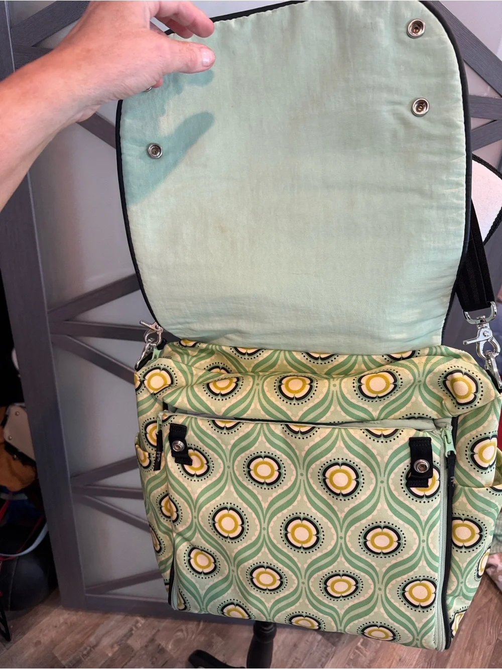 Petunia Pickle Bottom Mint Green and Yellow Patterned Diaper Bag